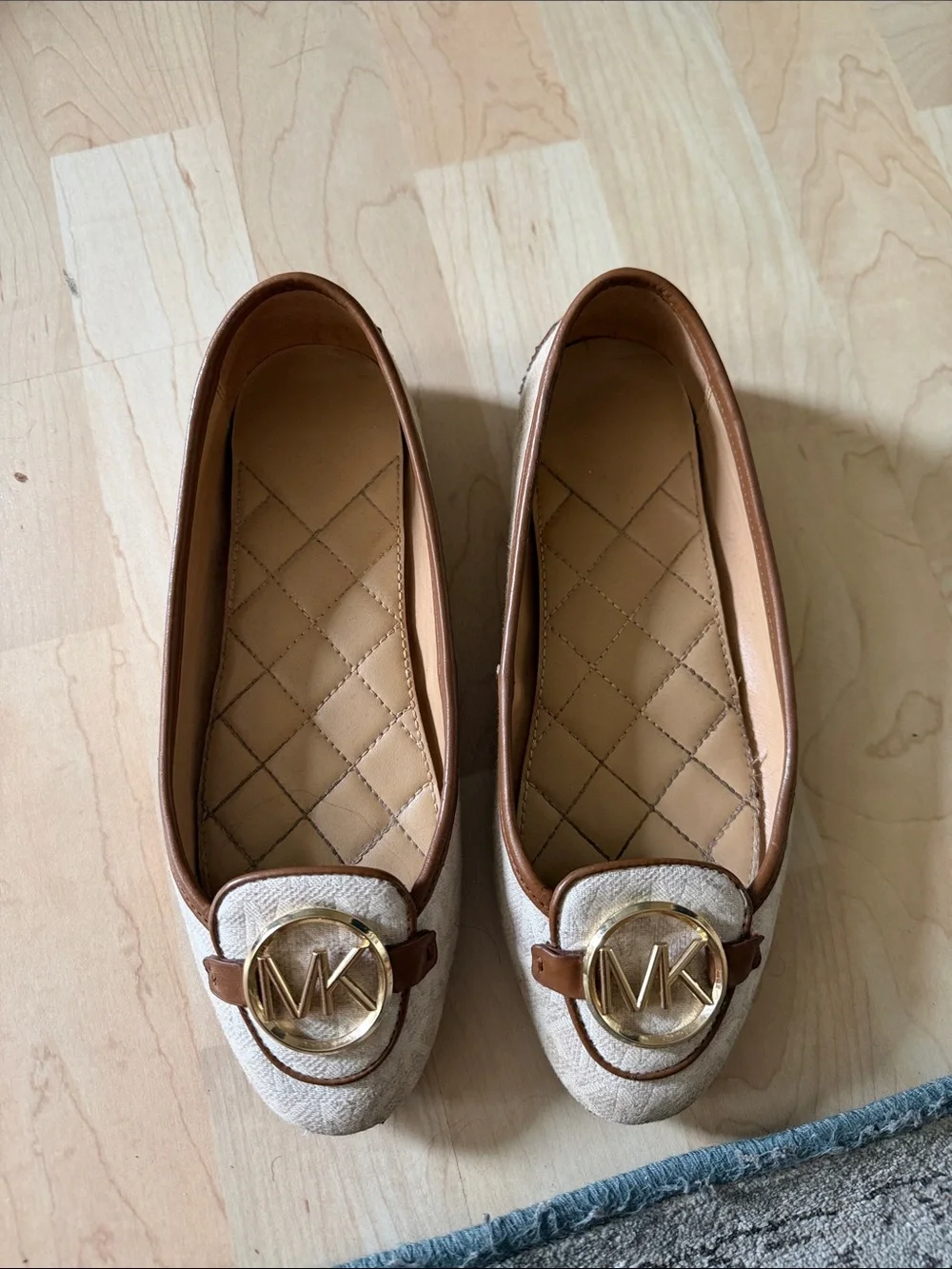 Michael Kors Cream Quilted Ballet Flats with Gold MK Emblem